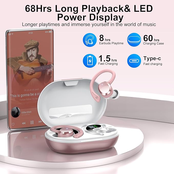 sprtoybat Wireless Earbuds 2026 New Bluetooth 5.4 Headphones Sport Earphones with 68Hrs Playtime LED Display ENC Noise Cancelling Mic IPX7 Waterproof Over Ear Ear Buds with Hook for Sports/Running