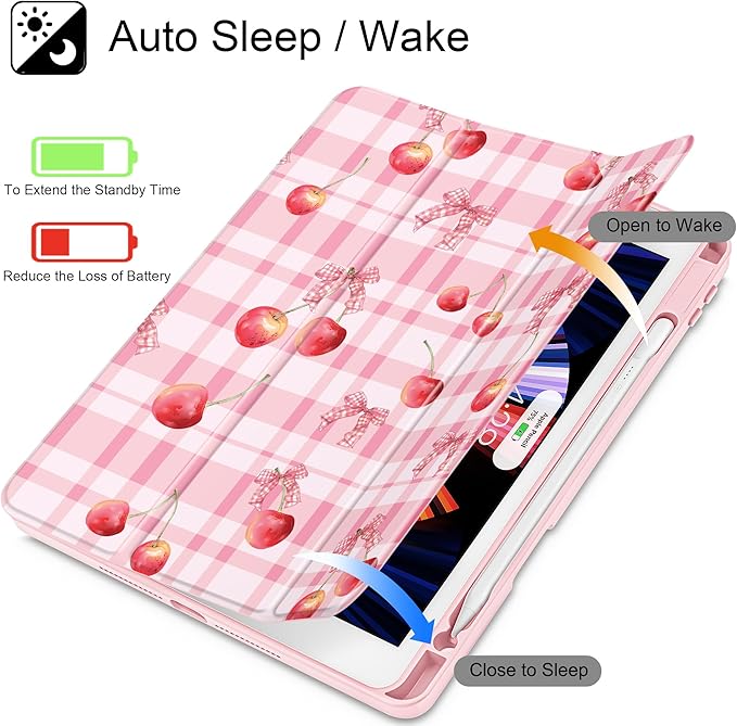 for iPad 9th Generation with Pencil Holder iPad 8th/7th Gen Case 10.2-inch [Built in Pencil Holder] Trifold Stand Auto Wake/Sleep Clear TPU Protection Back Cover Cherry Bow P704
