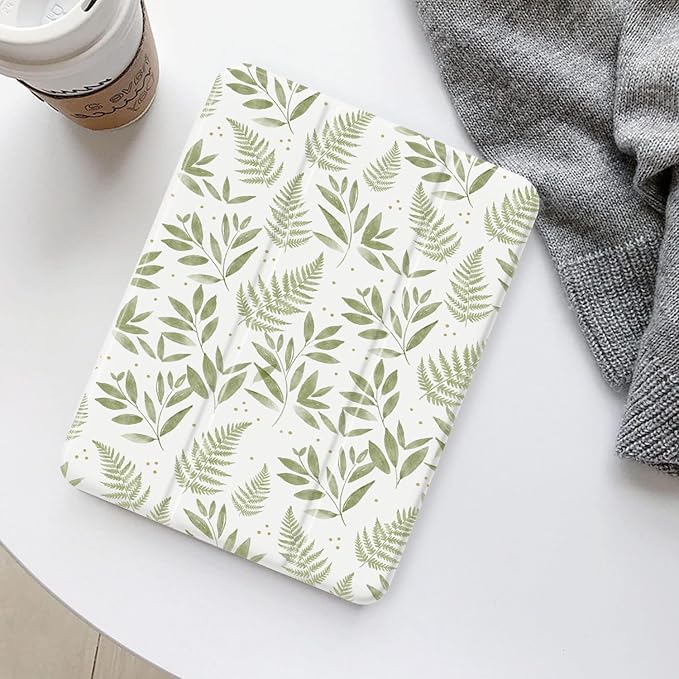 Cute Fern Leaves Branches for iPad 9th/8th/7th Gen Case 10.2 Inch (2021/2020/2019)[Pencil Holder+Auto Sleep/Wake]Slim Stand Soft Leather TPU Back Smart CoverWhite