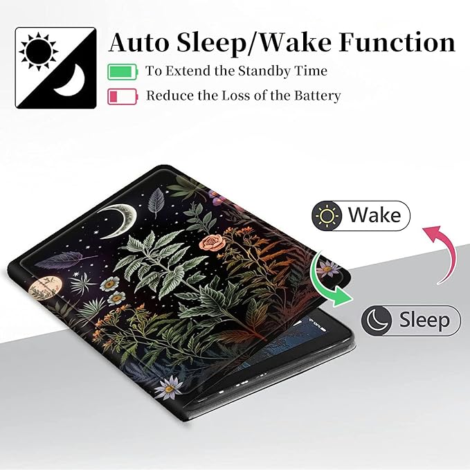 for Fire HD 8 Tablet Case (12th/10th Generation2024/2022/2020 Release)/Amazon Kindle Fire 8 CaseHybrid Slim Multi-Angles Stand Auto Wake/Sleep Cover-Flowers Plants Moon Night