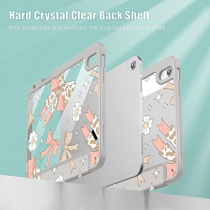 Tuiklol Case for iPad 11 inch (A16 Chip) 2025 Gen 11th / iPad 10.9 inch 2022 10th Gen Buit in Pencil Holder with Shockproof Cover Clear Transparent Back Shell Auto Wake/SleepLeopard Bow Pink