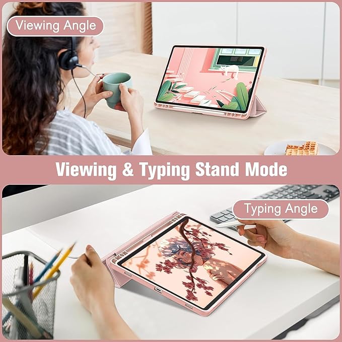 Case for Galaxy Tab S9 Ultra/S10 Ultra 14.6 Hard Crystal Clear Back Shell. Flexible Soft TPU Bumper with Pen Holder-Slim Folding Stand Folio Cover Fits Tab S9 Ultra/S10 Ultra Pink