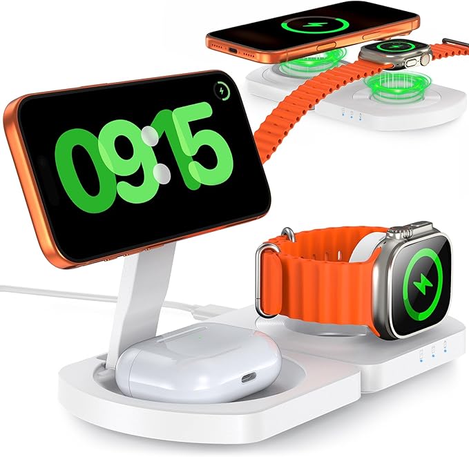 EGV Wireless Charger for iPhone 3-in-1 Magnetic Charging Station for Apple MagSafe Charger Stand for iPhone 17 Air 16 15 14 13 12 Series Airpods Pro Apple Watch Ultra Foldable No Adapter White