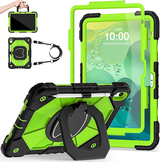 Case for iPad (A16) 11th Generation 11 Inch (2025) /iPad 10th Generation 10.9 Inch (2022) with Rotating Stand Screen ProtectorHeavy Duty Shockproof Cover for i Pad 10th Gen CaseBlack Green