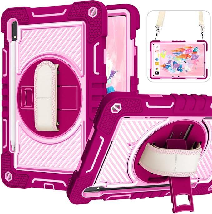 Shockproof Case for Samsung Galaxy Tab S8+/S7+/S7 FE 12.4 Tablet with Shoulder Strap Techcircle Heavy Duty Rotating Kickstand Rugged Defender Protective Case with Adjustable Hand Strap Rose+Pink