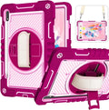 Shockproof Case for Samsung Galaxy Tab S8+/S7+/S7 FE 12.4 Tablet with Shoulder Strap Techcircle Heavy Duty Rotating Kickstand Rugged Defender Protective Case with Adjustable Hand Strap Rose+Pink