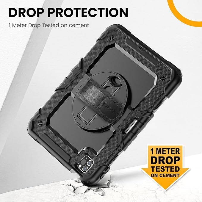 Timecity Case for iPad Pro 11 inch 1st 2nd 3rd 4th Generation 2018/2020/2021/2022 (NOT for 2024) Heavy Duty Rugged Protective Case with Screen ProtectorPencil HolderRotating Stand&ampHandle-Bla