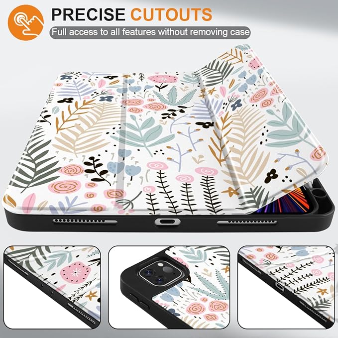 DONGKE Case for 2022/2021/2020/2018 iPad Pro 11 inch Gen 4/3/2/1 - Slim Protective Case - Built in Pencil Holder Support Charging - Trifold Stand &amp Sleep/Wake Cover - Tiny Flowers