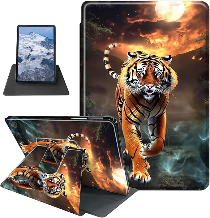 Case for Kindle Fire HD 10 Tablet (5th/7th/9th Generation2015/2017/2019 Release) Tiger Theme 360 Degree Rotating Stand Protective Cover with Auto Sleep/Wake for HD 10 Tablet