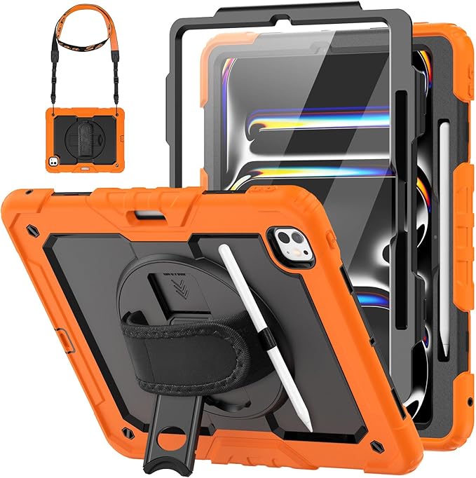 HXCASEAC for iPad Pro 13 Inch Case (M5/M4) 2025/2024 Shockproof Design with Pencil Holder Protector Rotating Stand Hand Strap Heavy Duty Protective iPad Pro13 Cover A3360 A2925 A2926 Orange