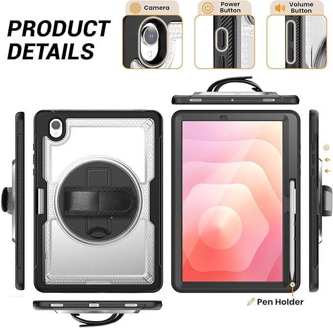 Case for Samsung Galaxy Tab S10 Lite / S10 FE / S9 FE 5G / S9 Tablet Case 10.9''/ 11'' with Screen Protector Pen Holder 360°Rotate Hand Strap/Stand Shoulder Strap Clear