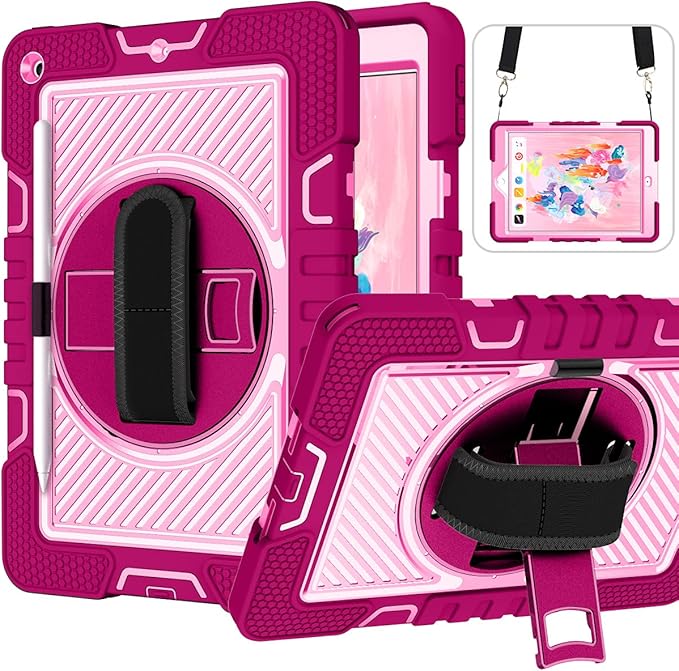 Shockproof Case for iPad 9th/8th/7th Generation 10.2 with Shoulder Strap Techcircle Heavy Duty Rotating Kickstand Hand Strap Rugged Defender Protective Case w/Pencil Holder Rose+Pink