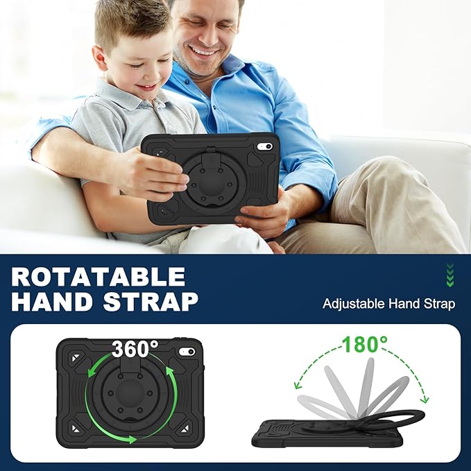 Case for iPad (A16) 11th Generation 11 Inch 2025/iPad 10th Generation 10.9 Inch 2022 with Built-in Screen Protector 360°Rotating StandShoulder Strap Full Body Heavy Duty Protective Cover (Black)