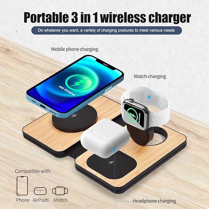 3-in-1 Charging Station for Apple Devices Fast Mag Safe Wireless Charger Foldable Travel Charger for Cell Phone 16-12 Series AirPods and iWatch Series (Bamboo)