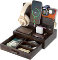 Phone Docking Station for Men: Desk or Nightstand Organizer with Drawer Birthday Gifts for Husband Dad BoyfriendHim Wooden Charging Station for Phone Watch Key Holder Wallet (Reddish Brown)