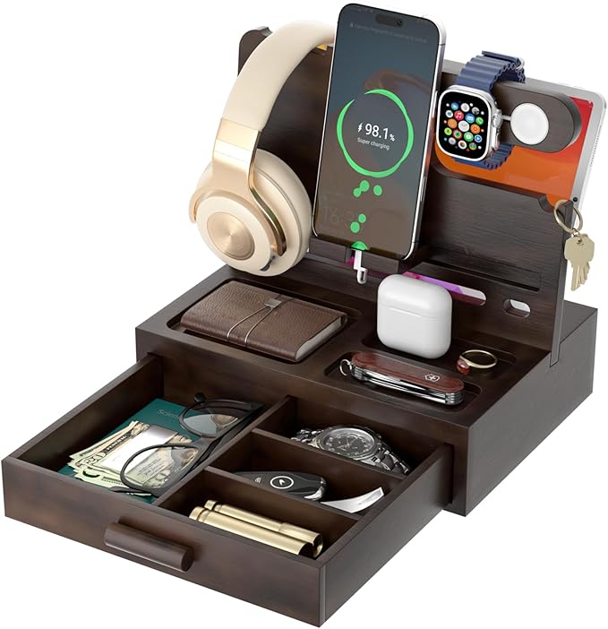 Phone Docking Station for Men: Desk or Nightstand Organizer with Drawer Birthday Gifts for Husband Dad BoyfriendHim Wooden Charging Station for Phone Watch Key Holder Wallet (Reddish Brown)