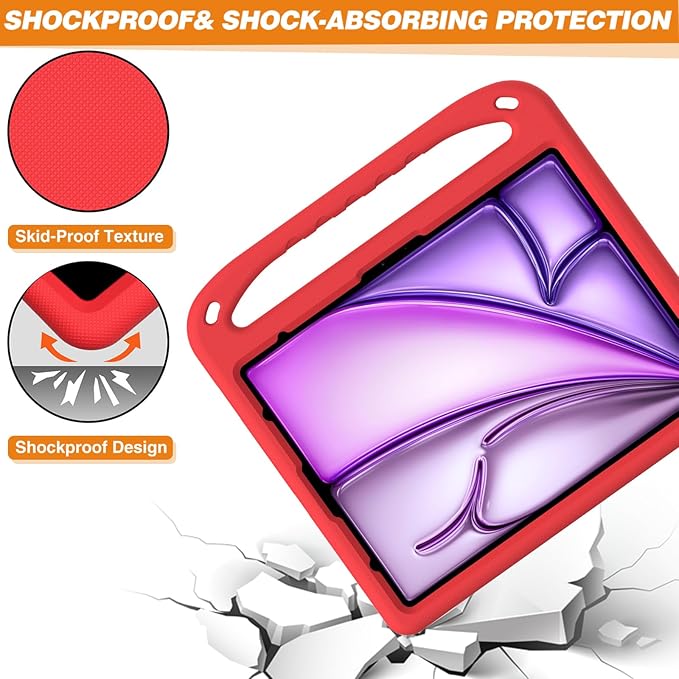 Kids Case for Apple iPad Air 13 inch Tablet M4/M3/M2 (2026/2025/2024) with Pencil Holder Anti-Slip Handle Slim Lightweight Stand Shockproof Soft EVA Protective Silicone Bumper Cover Red