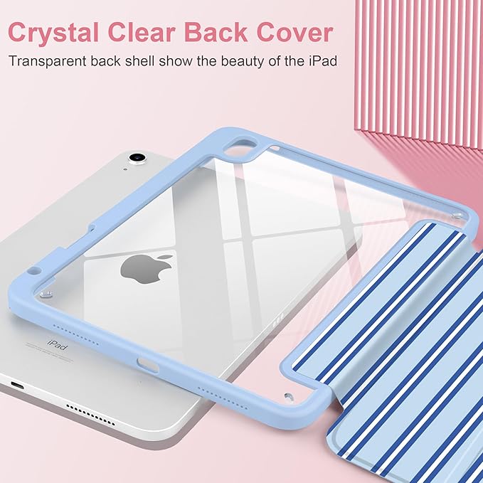 Case for iPad A16 11th Generation 11 inch 2025 iPad 10th Generation 10.9 inch 2022 -[Built-in Pencil Holder] Shockproof Clear Hard Back Trifold Stand Auto Wake/Sleep Blue Stripes