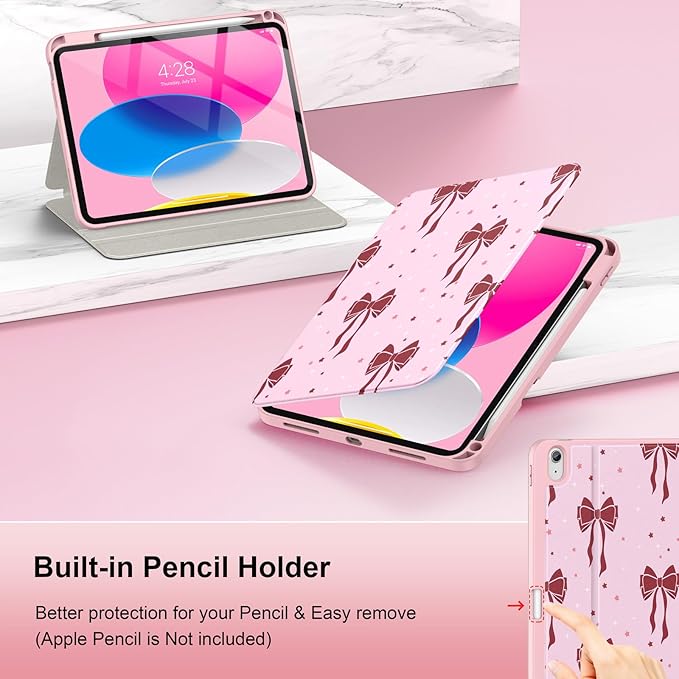 Supveco Case for iPad (A16) 11th Generation 11 inch (2025)iPad 10th Generation 10.9 inch (2022) with Pencil HolderPremium Folio Stand Case with Soft TPU Back CoverAuto Wake/Sleep-Red Bows