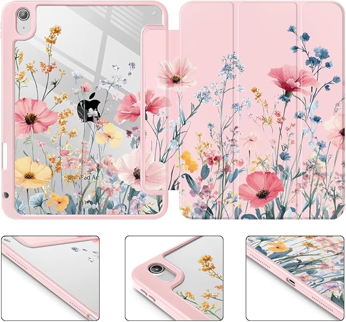 May Chen for iPad Air 11-inch M4/M3/M2 (2026/2025/2024) iPad Air 5th/4th 10.9 Inch - Shockproof Cover with Clear Back Shell &amp Penceil Holder Auto Wake/Sleep Stand Cover Wildflower