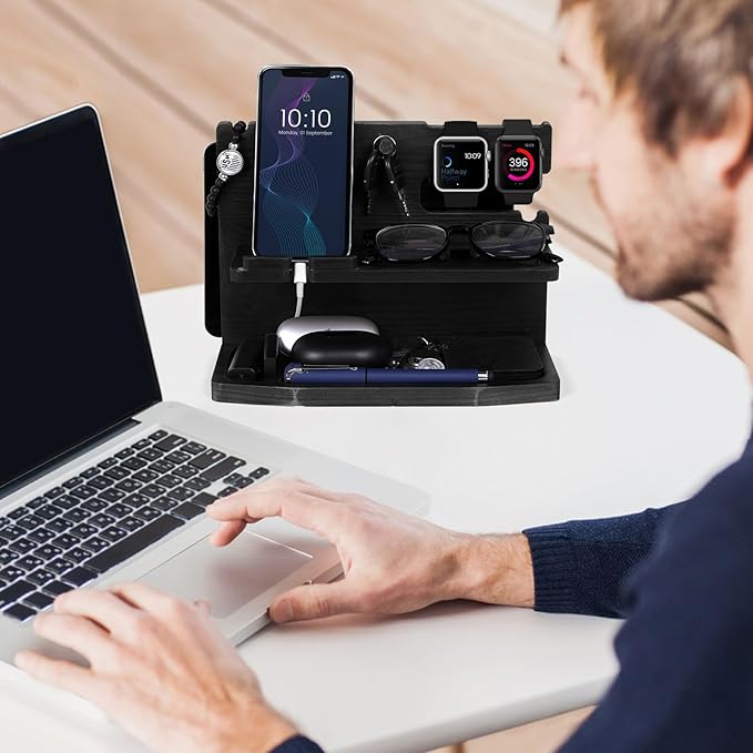 Gifts for Men Desk or Nightstand Organizer - Wood Phone Docking Station - Birthday Gifts for Husband Fathers Day for Dad - Anniversary Idea from Wife - Key Holder Stand Wallet Watch &amp Essential