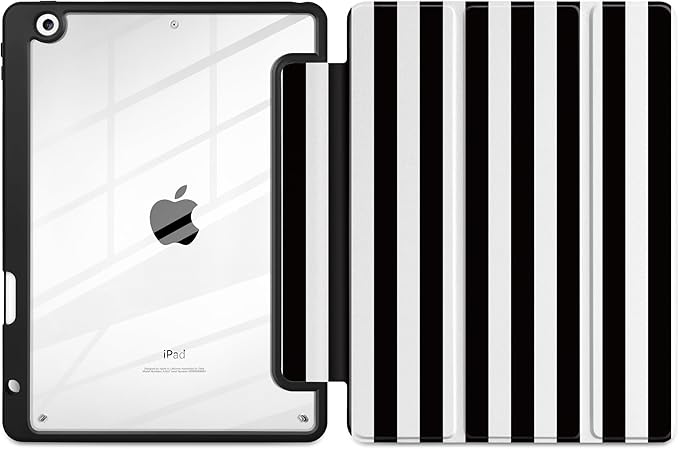 DONGKE for iPad 9th/8th/7th Generation Case 10.2 Inch (2021/2020/2019) [Auto Sleep/Wake &amp Pencil Holder] Clear Acrylic Back Trifold Stand Cover Black Stripes