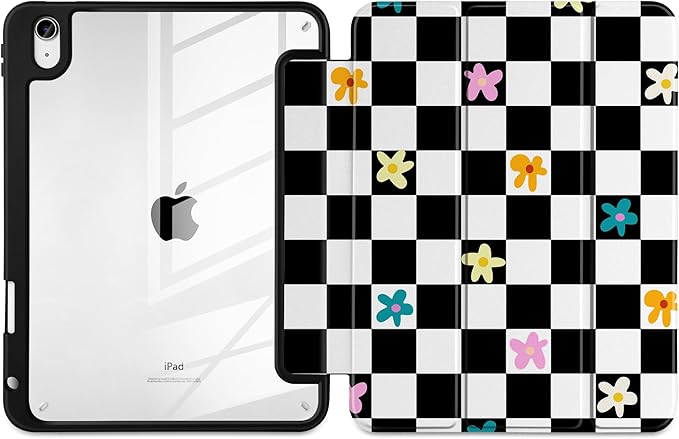Case for iPad (A16) 11th Generation 11 inch 2025 /iPad 10th Gen 10.9 2022- Cute Patterns Functional Protection with Clear Back Shell Magnetic Wake Sleep Trifold Stand &amp Pencil Holder Grid