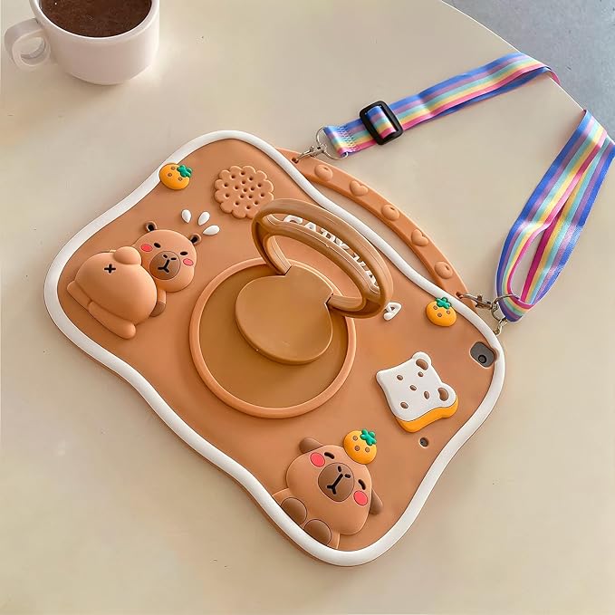 Capybara Kids Case for iPad 9th Gen(2021) / 8th Gen(2020) / 7th Gen(2019) 10.2 Inch3D Cute Silicone Cartoon Cover for Boys with Rotating Stand Adjustable Strap- Beige