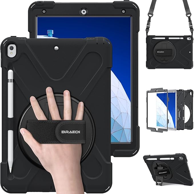 BRAECN Case for iPad Air 3rd Generation 2019 / iPad Pro 10.5 inch 2017 Rugged Heavy Duty Shockproof Cover with Pencil Holder 360° Rotating Kickstand &amp Adjustable Hand Strap &amp Shoulder Strap