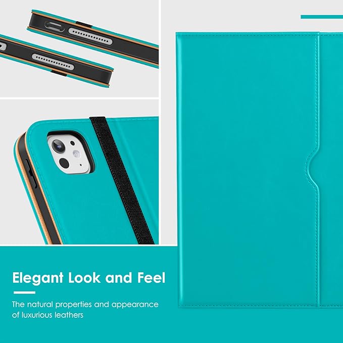 VIKESI Case for iPad Pro 13 (M4) 2024 Leather Stand Cover with Apple Pencil Holder Auto Wake/Sleep Multiple Viewing Angles Built in Hand Strap &amp Pocket Cyan Blue