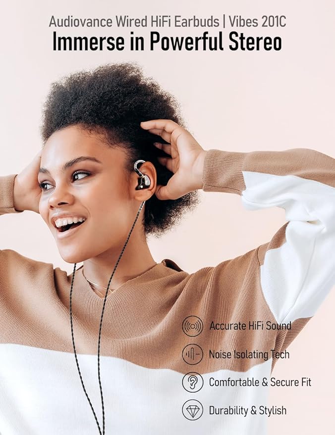 Vibes 201C Wired Earbuds in-Ear Headphones USB C to 3.5mm Adapter &amp Braided Cord Noise Isolating Bass Driven Earphones Carry Case Ear Buds Tips 3.5mm Jack (Clear Brown No Mic)