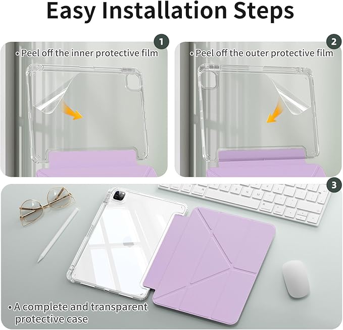 kenke Case for iPad Air 13 Inch (M3 2025/M2 2024) iPad Pro 12.9 Inch 6th/5th Generation (2022/2021) with Pencil Holder Y Folding Stand Cover with Hard Clear PC Back Support Touch ID Light Purple