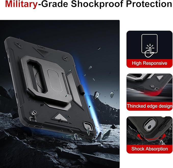 Case for iPad 9th Generation (2021) /iPad 8th Gen (2020)/iPad 7th Gen (2019) Military Grade Shockproof iPad Case Built-in 360°Rotating Stand/Pen Slot/Shoulder Strap for iPad 10.2 (Black)