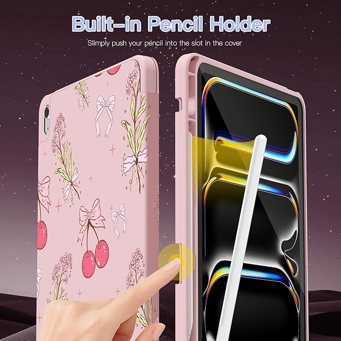 Teryeefi Case for 2025 iPad 11th Generation 11 inch (A16 Chip) &amp iPad 10th Generation 10.9 inch (2022) with Pencil Holder [Auto Wake/Sleep]Premium Stand Case with Soft TPU Back Cover - Cherry Bow