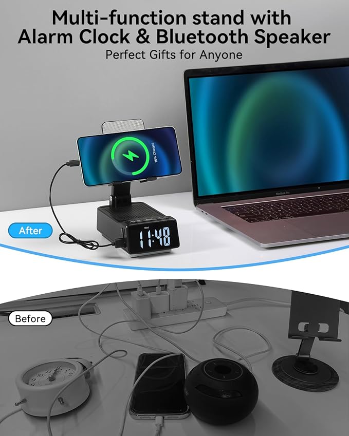 Father's Day Gifts for Dad Birthday Gifts for Men 7 in 1 Phone Stand Bluetooth Speaker with Alarm Clock Wireless Charger Light USB Playback &amp Hands-Free Calling