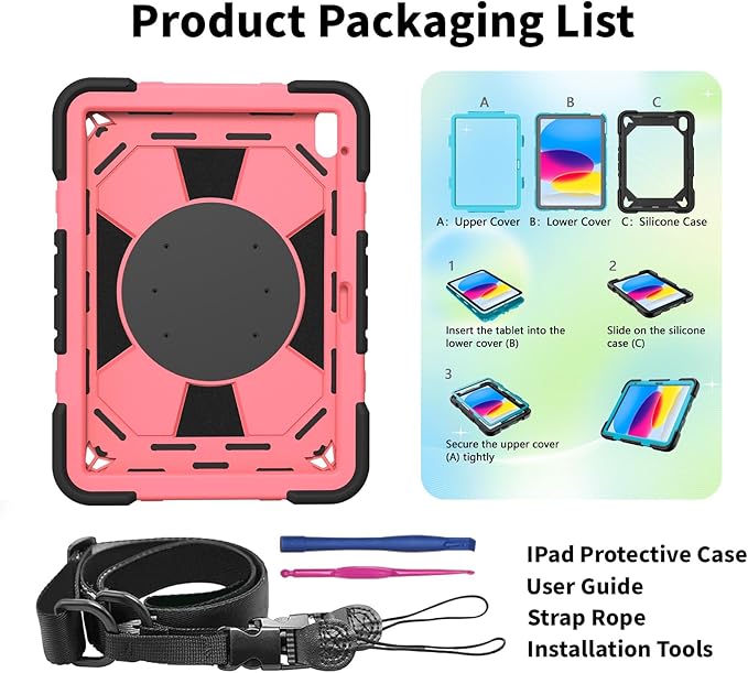 JKSML Case for iPad (A16) 11th Generation 11 Inch 2025 / iPad 10th Gen 10.9 Inch 2022 Military Grade Protection Cover with 360° Rotating Kickstand &amp Pencil Holder &amp Shoulder Strap (Black Rose