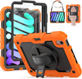 HXCASEAC Case for iPad mini 7 (A17 Pro) / iPad mini 6 Case 8.3 inch Full Body Protective with Pencil Holder Carrying Strap Hand Strap Protector 360 Rotating Stand A2995 A2993 A2567 A2568 Orange