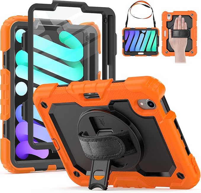 HXCASEAC Case for iPad mini 7 (A17 Pro) / iPad mini 6 Case 8.3 inch Full Body Protective with Pencil Holder Carrying Strap Hand Strap Protector 360 Rotating Stand A2995 A2993 A2567 A2568 Orange