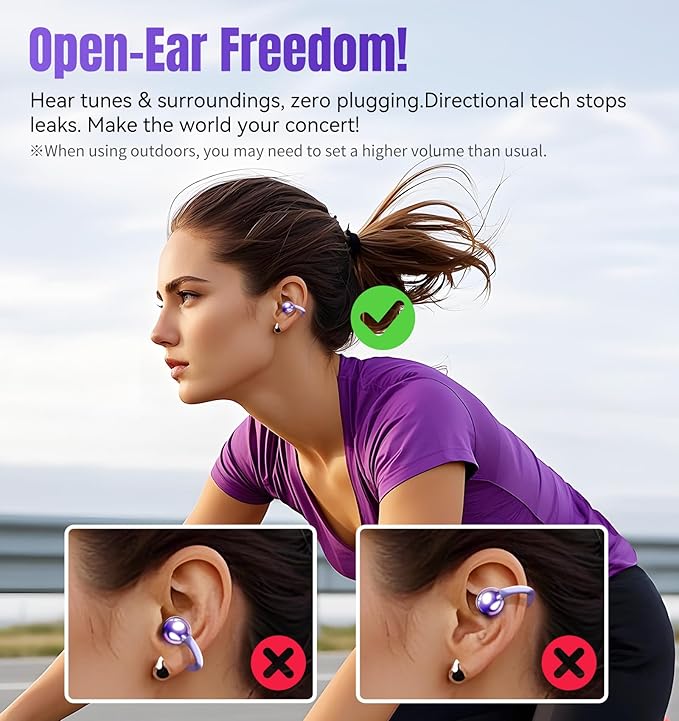 King Lucky Clip-On Earbuds Gen 3 Open-Ear Wireless Bluetooth 6.0 Headphones with Mic Secure Fit for Small Ears &amp Glasses Wearers 50H Playtime ENC IPX5 Waterproof Sport Ear Buds (Purple)