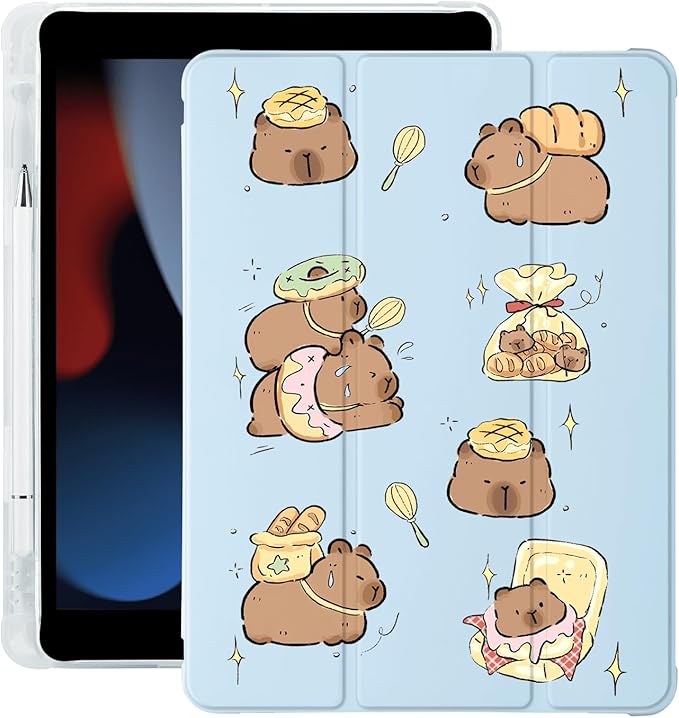 Cute Kawaii Capybara for iPad Pro 11 Inch Case (M5/M4) 2025/2024 with Pencil Holder Auto Sleep/Wake Blue Leather Soft TPU Back Cover