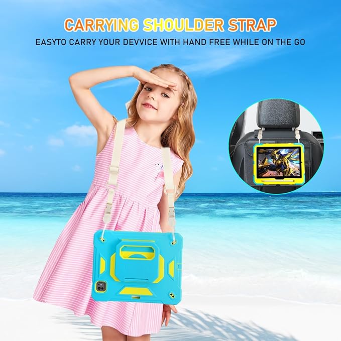 KCJ for iPad Pro 11 Case (M4) 2024with Tempered Glass Screen ProtectorCute Protective Case with Folding Stand/Pencil Holder/Shoulder Strap for iPad Pro 11 2024 (5th Generation) (Blue+Yellow)