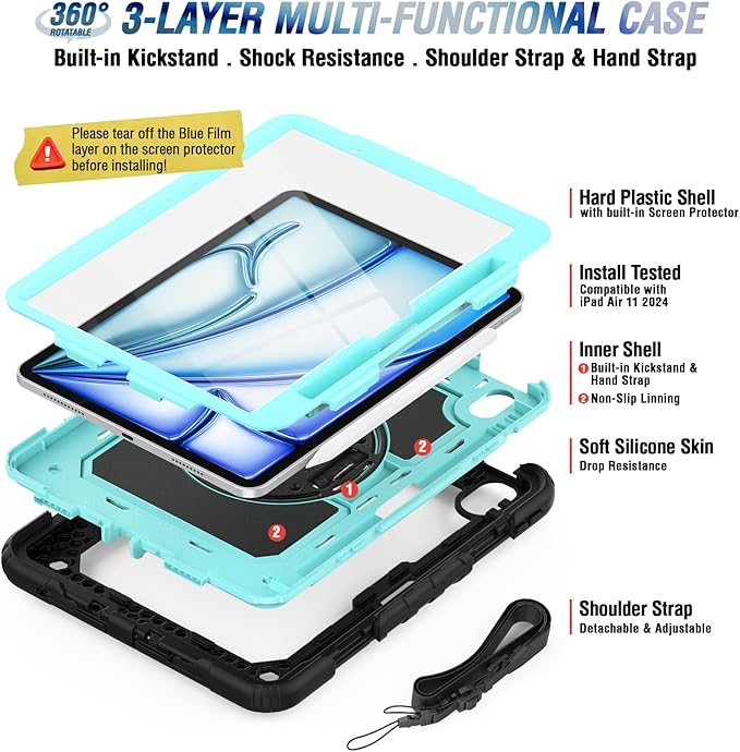 Herize Case Compatible with iPad Air 11 2025/2024 with Screen Protector Pen Holder | Case for iPad Air 7th/6th Gen 11 inch | Heavy Duty Rugged Protective Cover W/Hand Strap Shoulder Strap