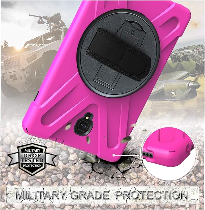 Rugged Case for Samsung Galaxy Tab A 10.5 2018 (SM-T590/T595/T597) Portable Hybrid Shock-Proof Cover with 360° Rotatable Hook&ampLoop HandleShoulder Strap (Rose)