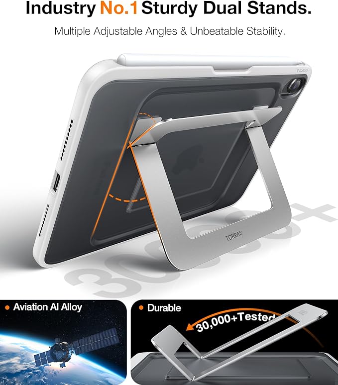 TORRAS Ostand K1 Guardian for iPad mini 7 A17 Pro Case iPad mini 6 Case with Pencil Holder Ultra Stable Stand Multiple Adjustable Viewing Angles Slim Protective Kickstand iPad mini Case White