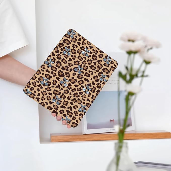 Cute Leopard Print Cherry for iPad Pro 11 Inch Case (M5/M4) 2025/2024 with Pencil Holder Auto Sleep/Wake Black Leather Soft TPU Back Cover
