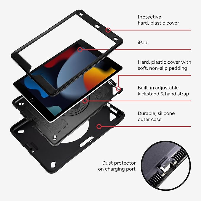 ZAGG Rugged Tablet Case for iPad 10.2-inch (9th/8th/7th Gen) - Protective 360° Rotating Hand Strap Integrated Kickstand Drop-Proof Ideal for Business Warehouse and Field Use Black