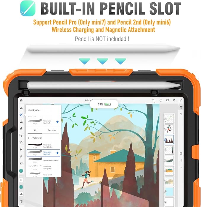 HXCASEAC Case for iPad mini 7 (A17 Pro) / iPad mini 6 Case 8.3 inch Full Body Protective with Pencil Holder Carrying Strap Hand Strap Protector 360 Rotating Stand A2995 A2993 A2567 A2568 Orange