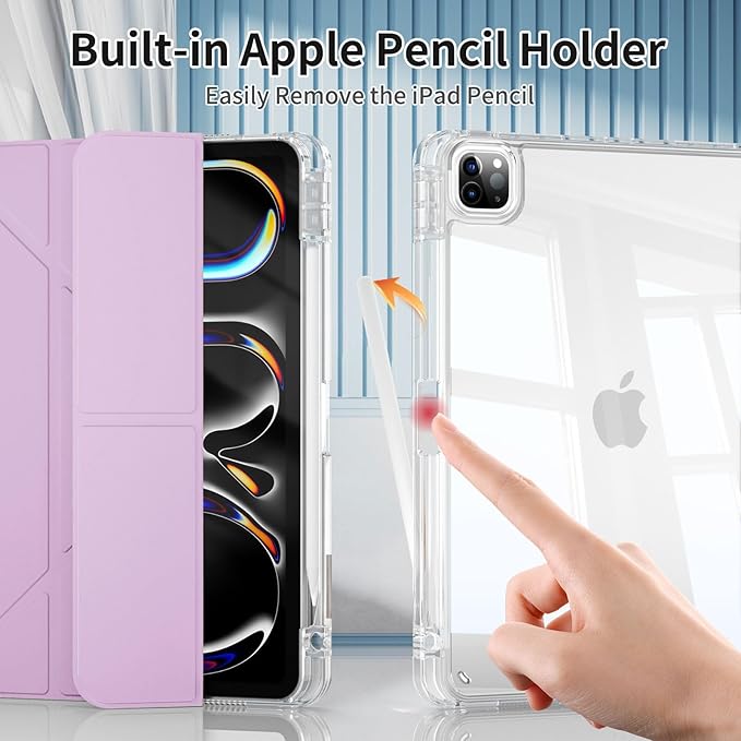 kenke Case for iPad Air 13 Inch (M3 2025/M2 2024) iPad Pro 12.9 Inch 6th/5th Generation (2022/2021) with Pencil Holder Y Folding Stand Cover with Hard Clear PC Back Support Touch ID Light Purple