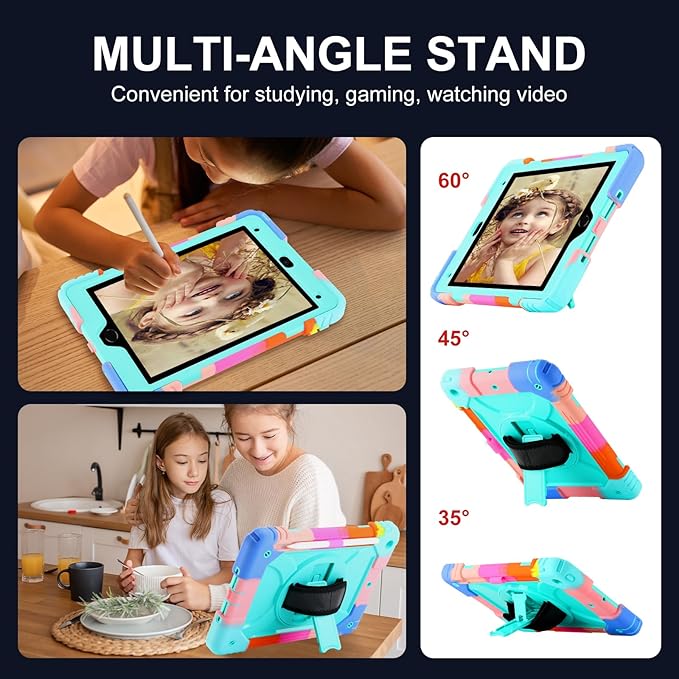 for iPad 9th/8th/7th Generation CaseiPad 10.2 Case 2021/2020/2019 with Cute Key Chain Rugged Protective Case with 360°Rotating Stand &amp Shoulder Hand Strap &amp Pen Slot for 10.2 Inch (Rainbow