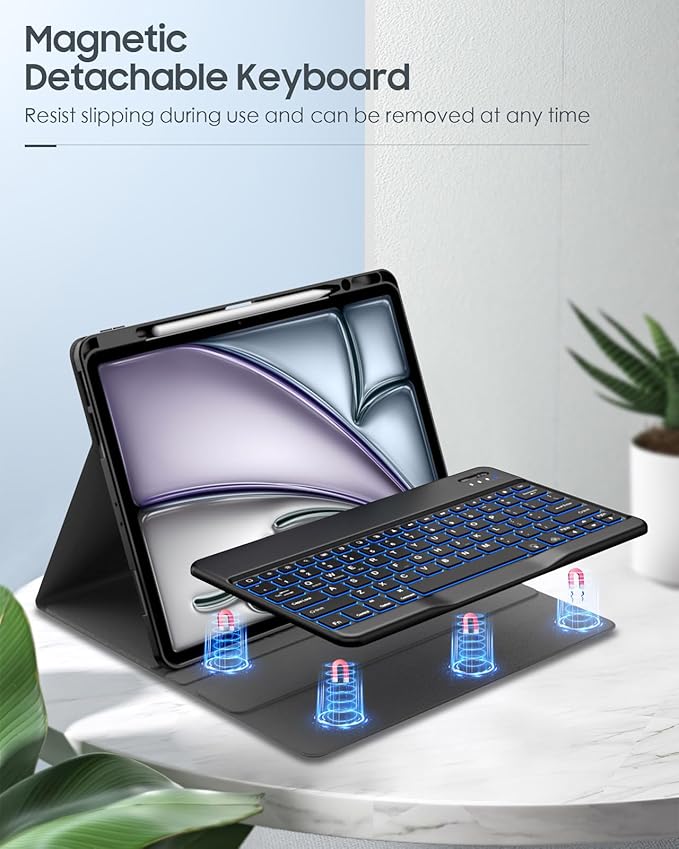MoKo for iPad Air 13 Inch Case with Keyboard (M4 2026/ M3 2025/M2 2024) iPad Pro 12.9 inch (5th/6th Gen) Case with 7 Colors Backlit Pencil HolderMulti-Angle Detachable Bluetooth KeyboardSpace Gray